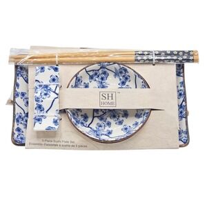 SH Home 5-Piece Ceramic Sushi Plate Set Blue Sakura Cherry Blossom Design 8x4.5